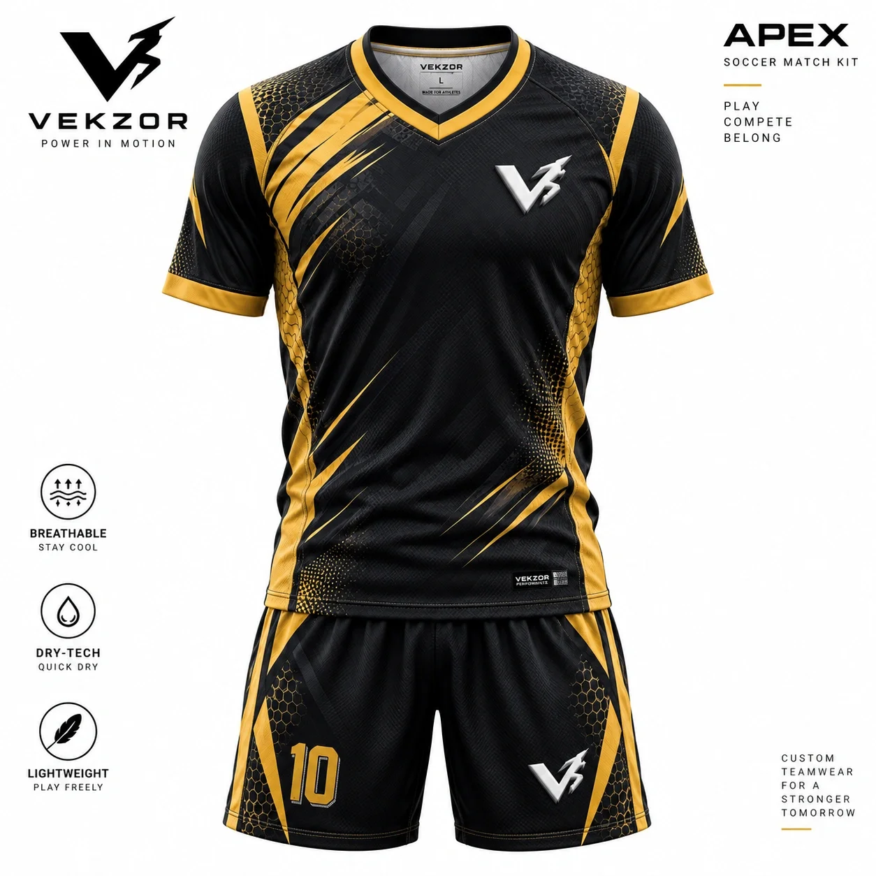 VEKZOR Apex Soccer Match Jersey & Short Set - Front Center View with performance cut and chest crest