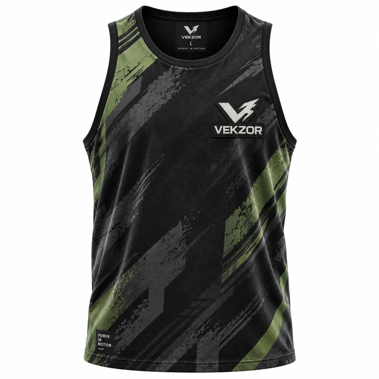 VEKZOR Sublimated All-Over Print Muscle Tank - Front Center View with performance cut and chest crest