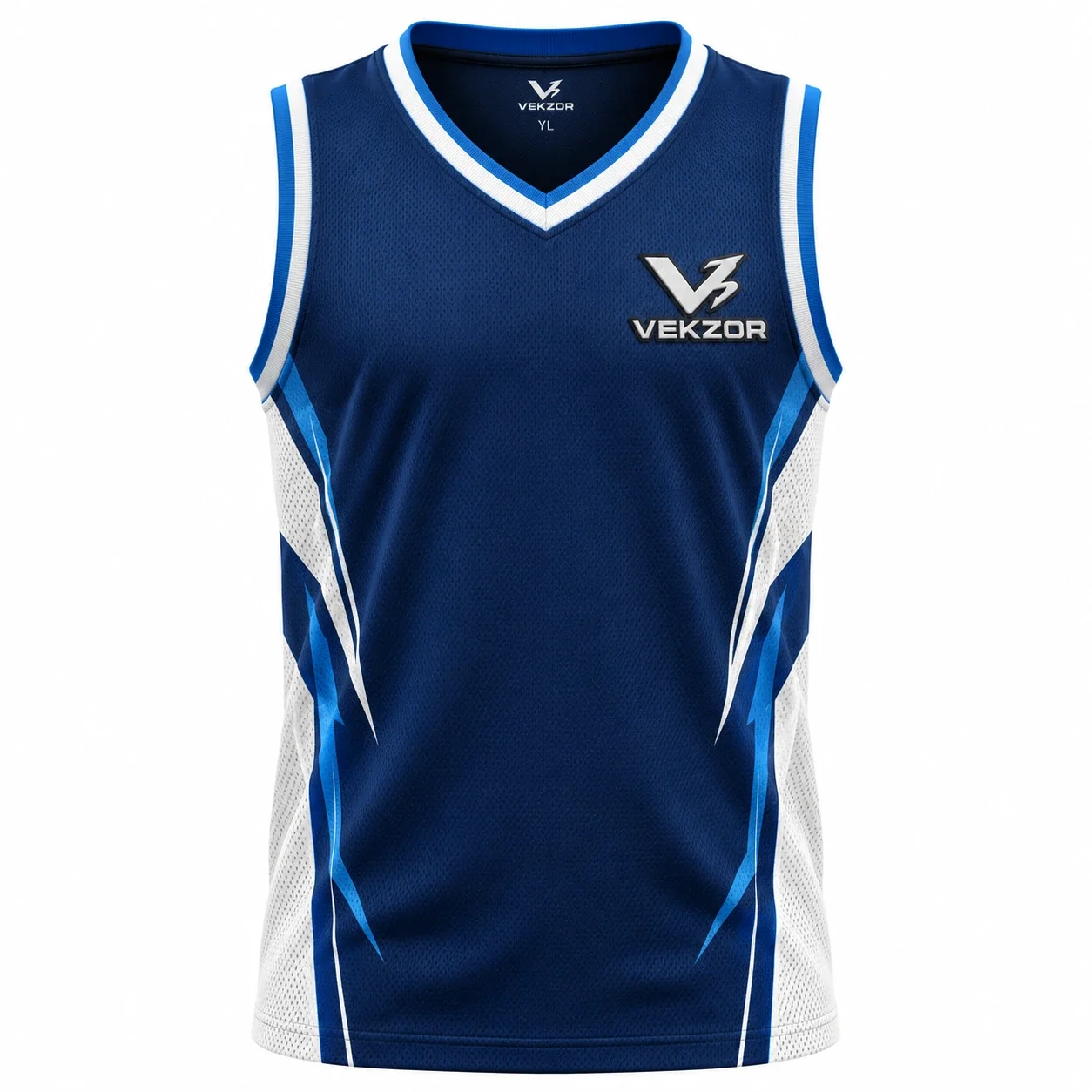 VEKZOR Youth Basketball Jersey - Front Center View with performance cut and chest crest