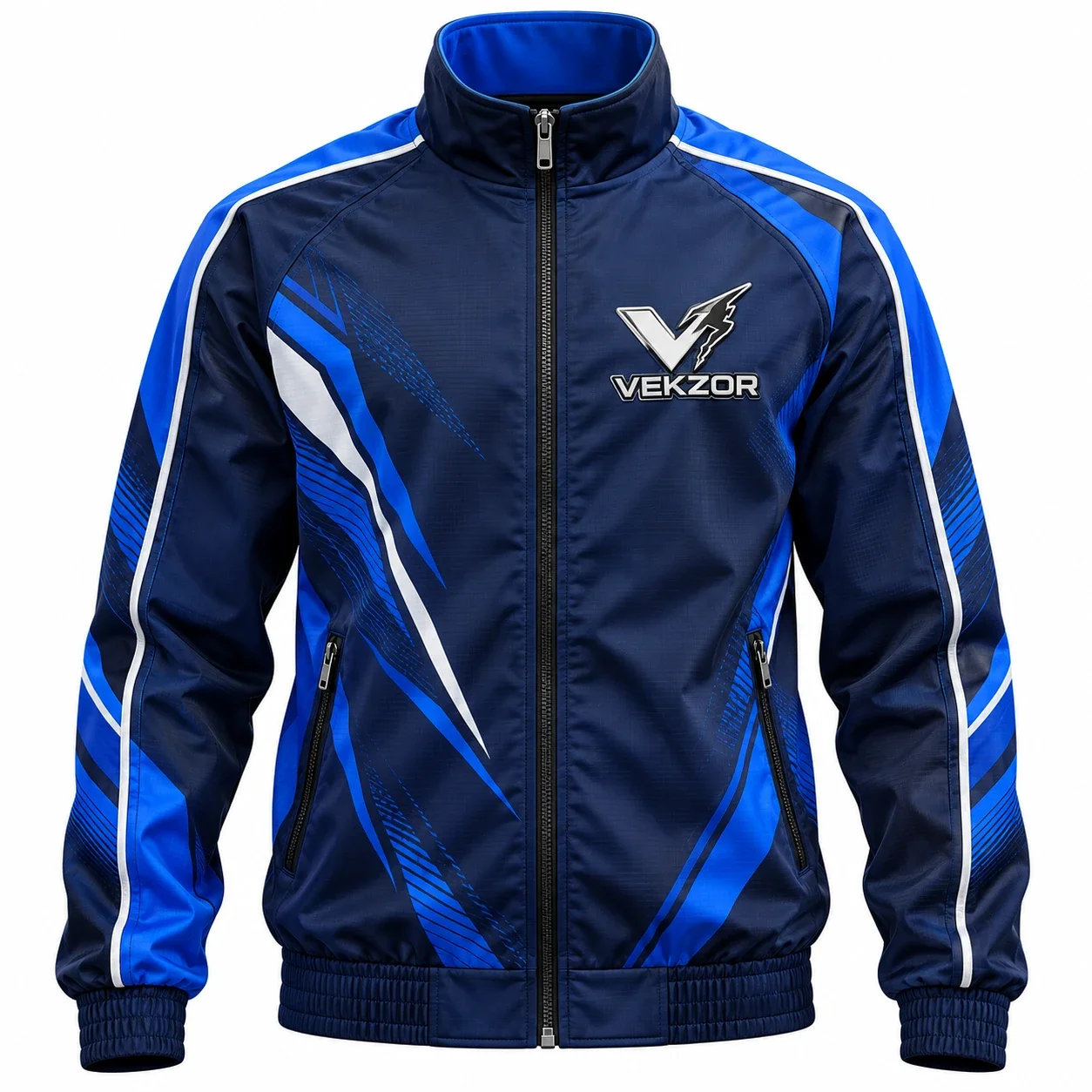 VEKZOR Junior Track Jacket - Front Center View with performance cut and chest crest