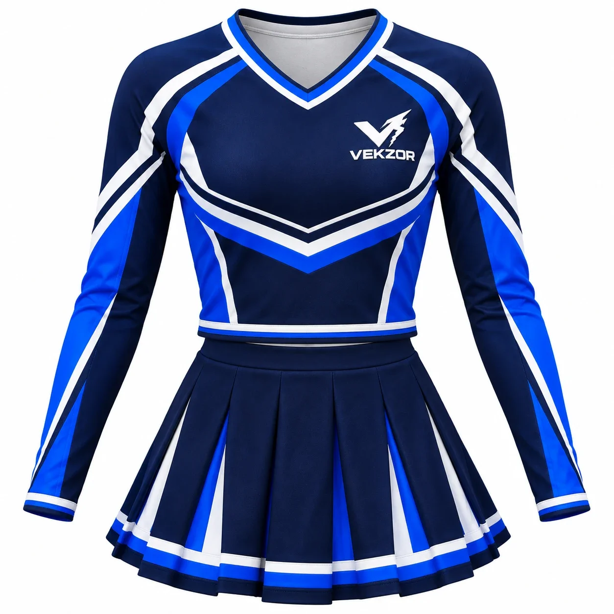 VEKZOR Youth Cheerleading Uniform Set - Front Center View with performance cut and chest crest