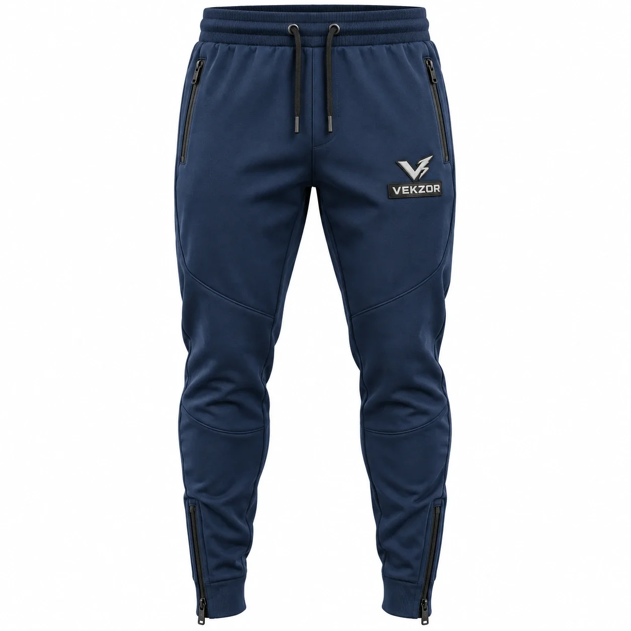 VEKZOR Tapered Zip-Ankle Performance Joggers - Front Center View with performance cut and chest crest