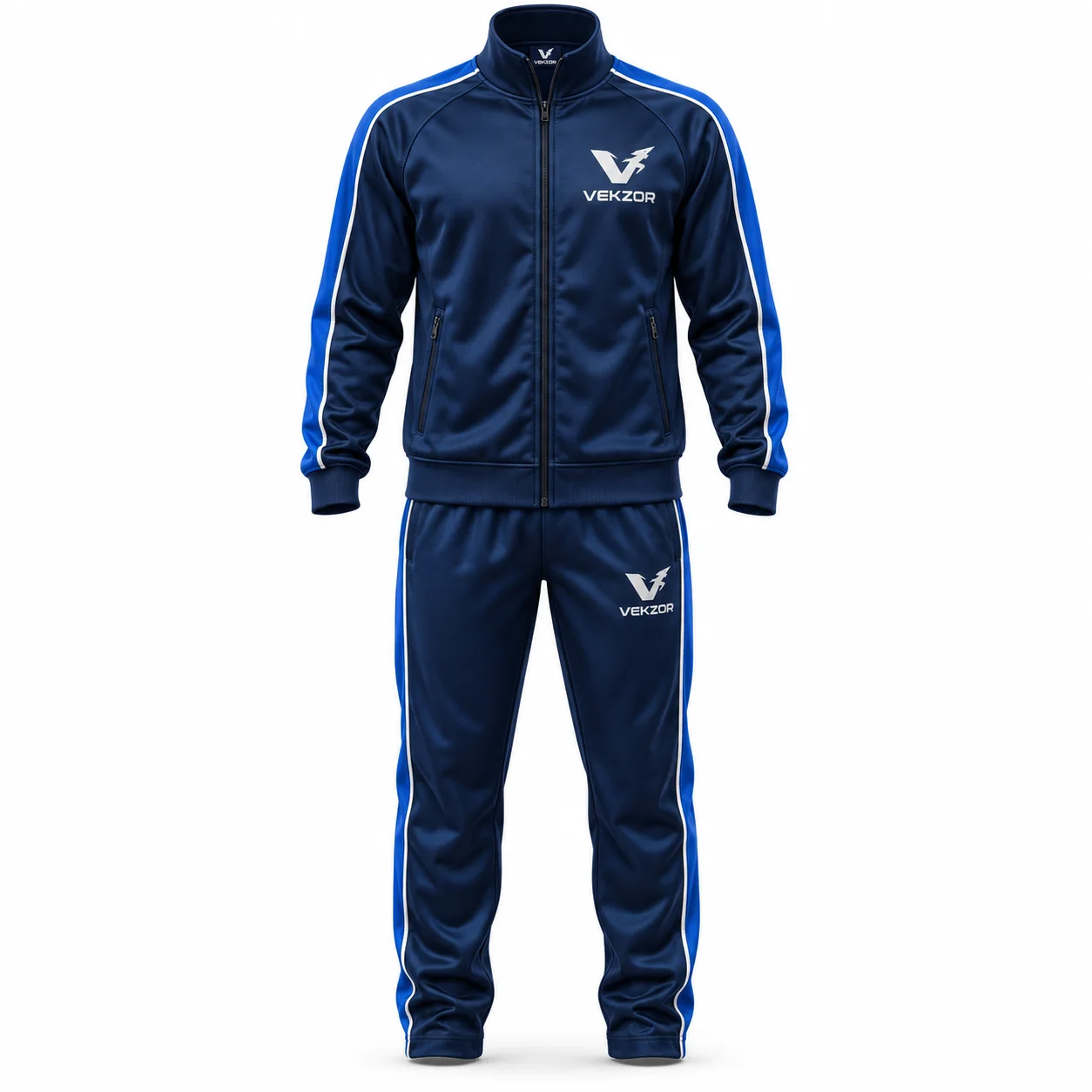 VEKZOR Tricot Fabric Piping Tracksuit - Front Center View with performance cut and chest crest
