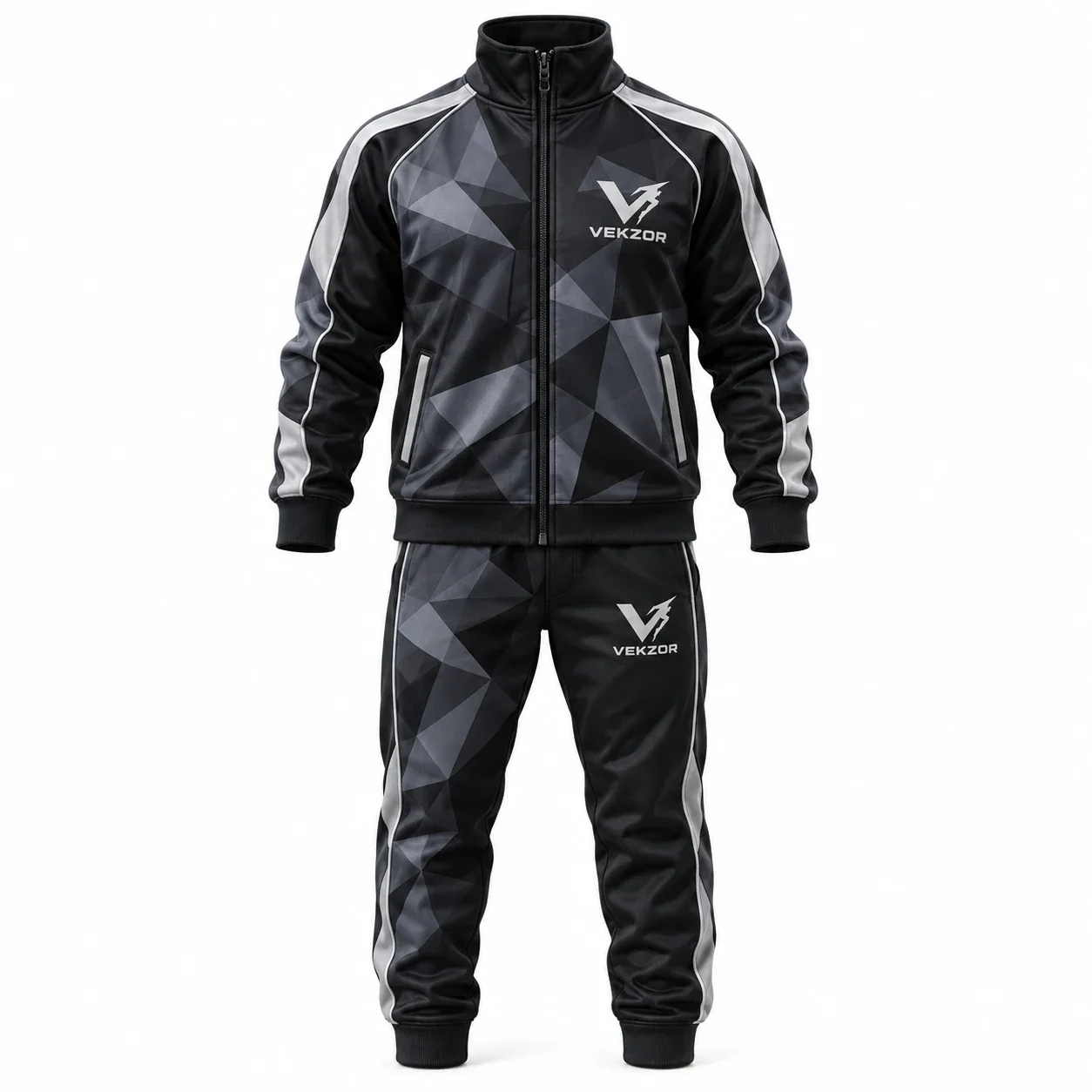 VEKZOR Sublimated Polygon Pattern Warm-Up Suit - Front Center View with performance cut and chest crest