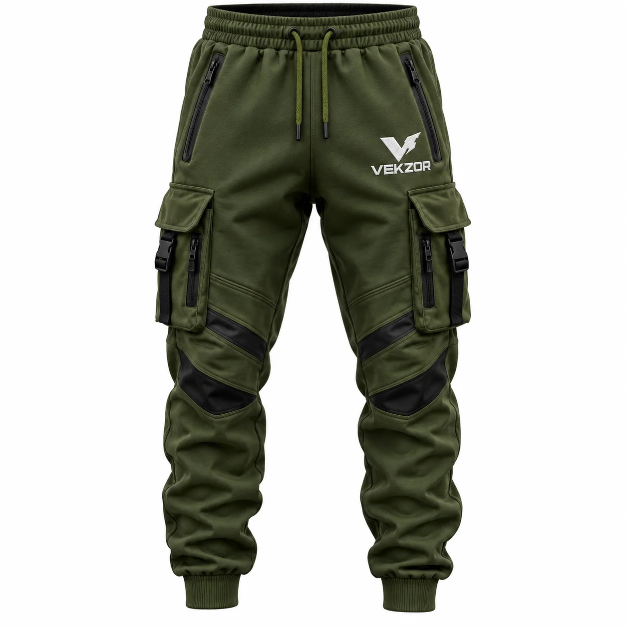 VEKZOR Utility Cargo Track Pants - Front Center View with performance cut and chest crest