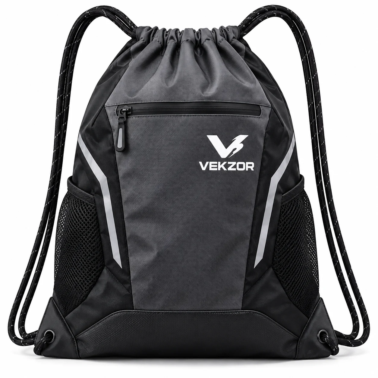 VEKZOR Drawstring Cinch Sport Backpack - Front Center View with performance cut and chest crest