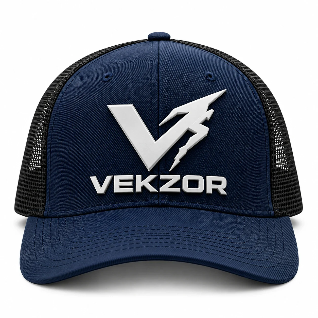 VEKZOR Embroidered Trucker Snapback Cap - Front Center View with performance cut and chest crest