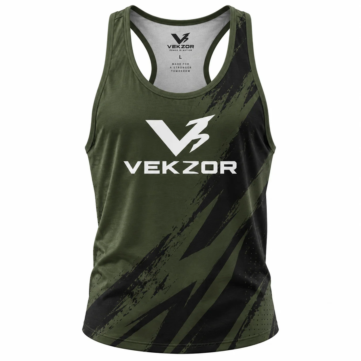 VEKZOR Sublimated Unisex Gym Racerback Tank - Front Center View with performance cut and chest crest
