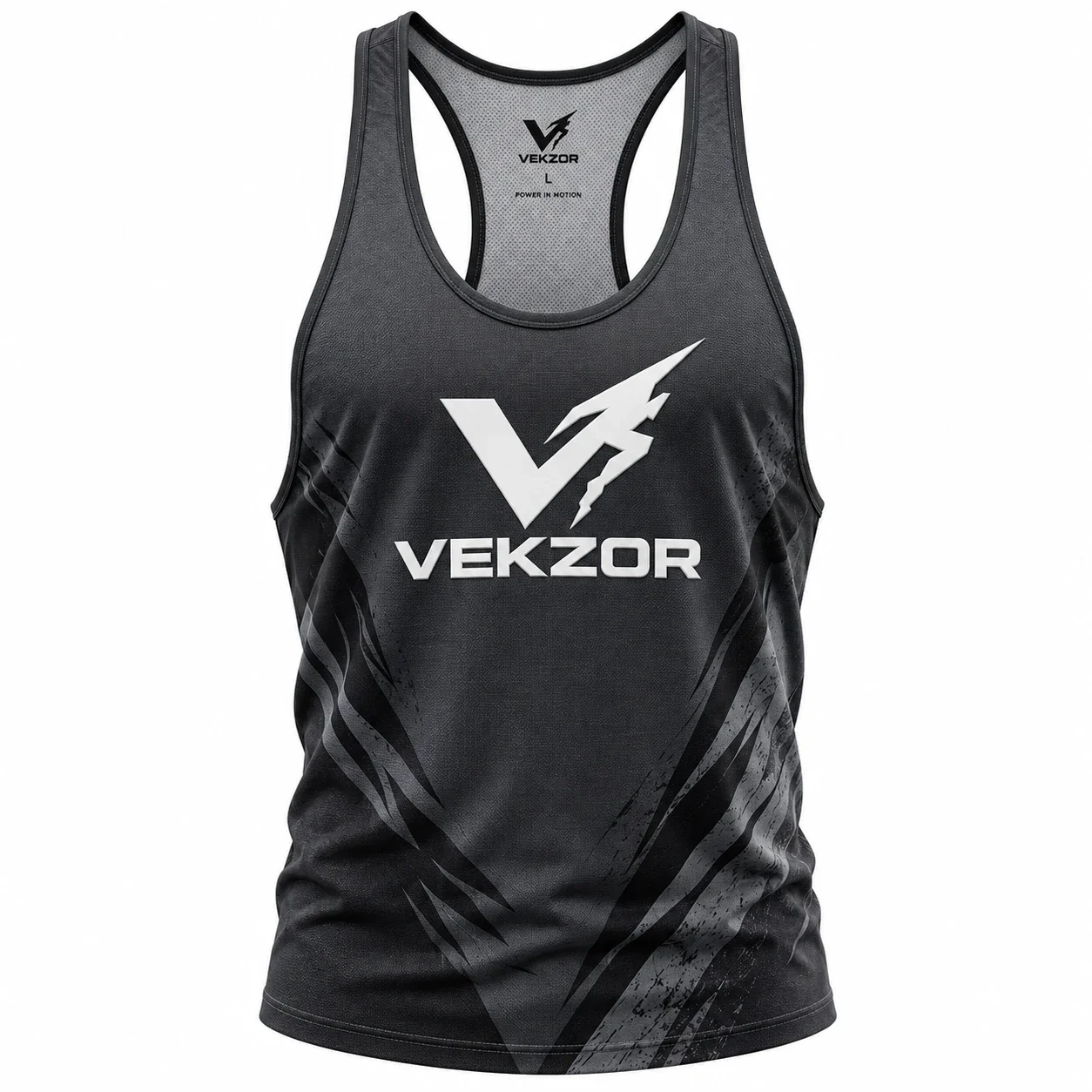 VEKZOR Sublimated Gym Stringer Tank - Front Center View with performance cut and chest crest