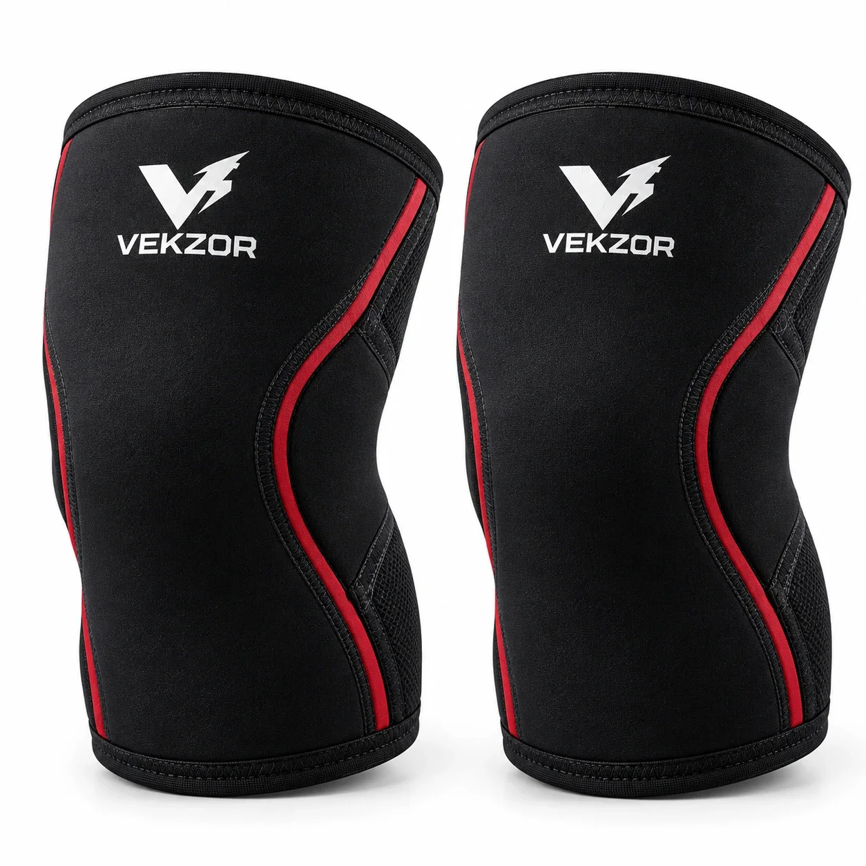 VEKZOR Powerlifting Knee Sleeves (Pair) - Front Center View with performance cut and chest crest