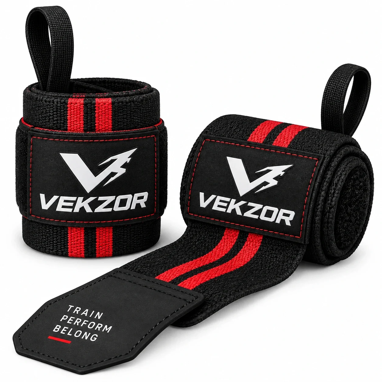 VEKZOR Padded Weightlifting Wrist Wraps (Pair) - Front Center View with performance cut and chest crest