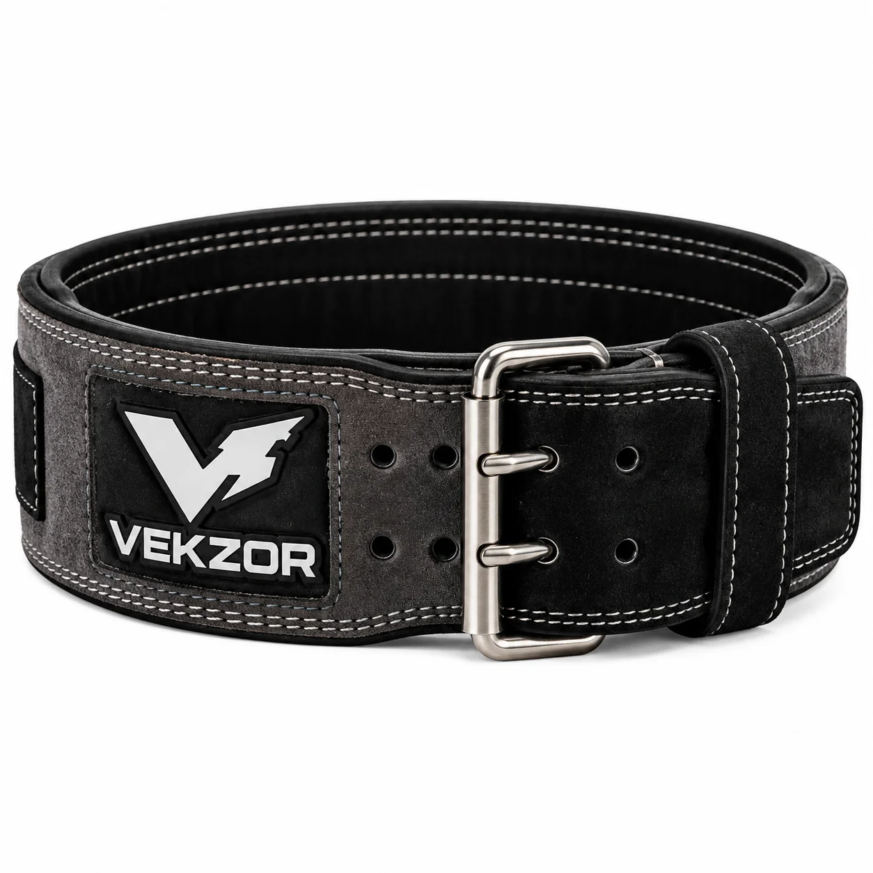 VEKZOR Leather Weightlifting Lifting Belt - Front Center View with performance cut and chest crest