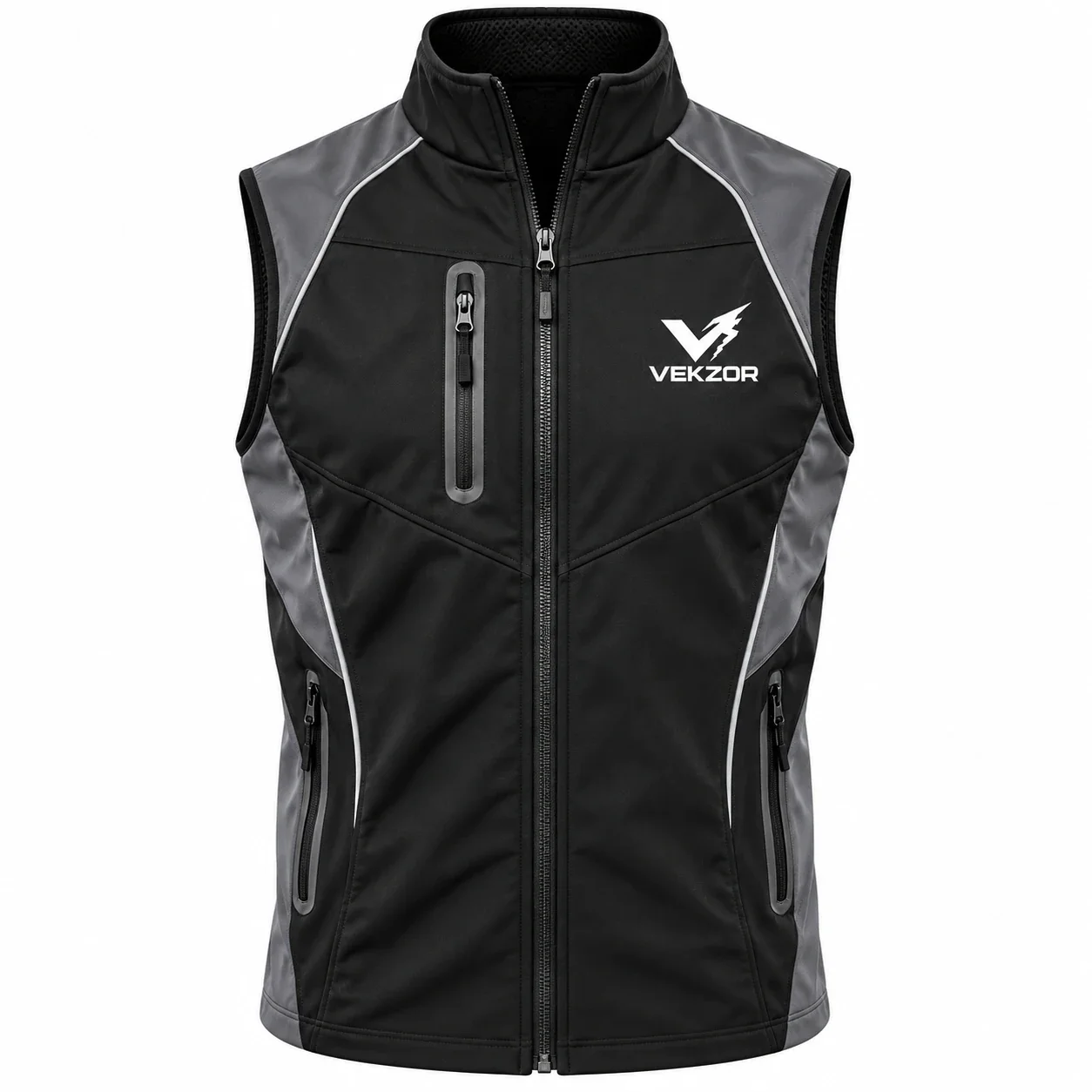 VEKZOR Functional Fitness Zip-Up Vest - Front Center View with performance cut and chest crest