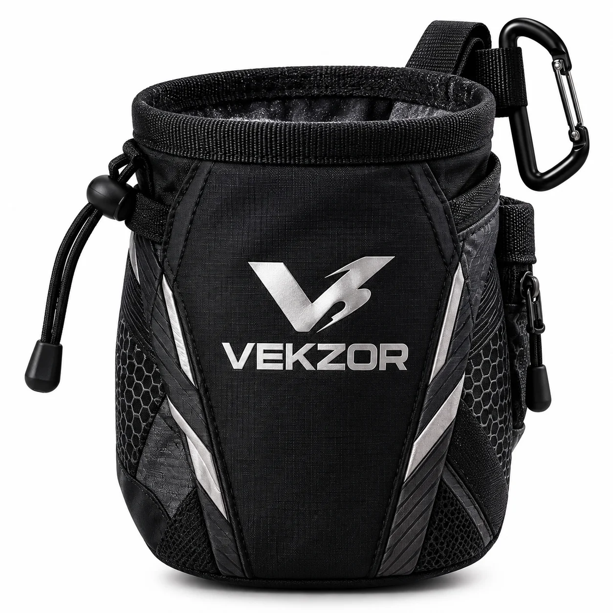 VEKZOR Gym Chalk Bag with Belt Clip - Front Center View with performance cut and chest crest