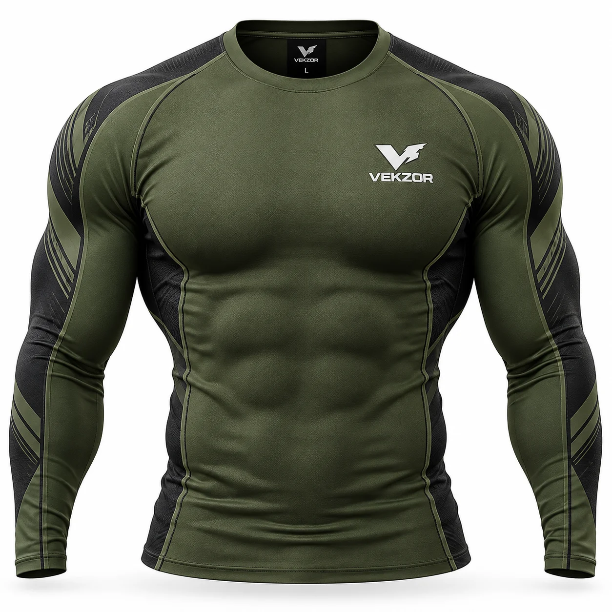 VEKZOR Compression Base Layer Fitness Top - Front Center View with performance cut and chest crest