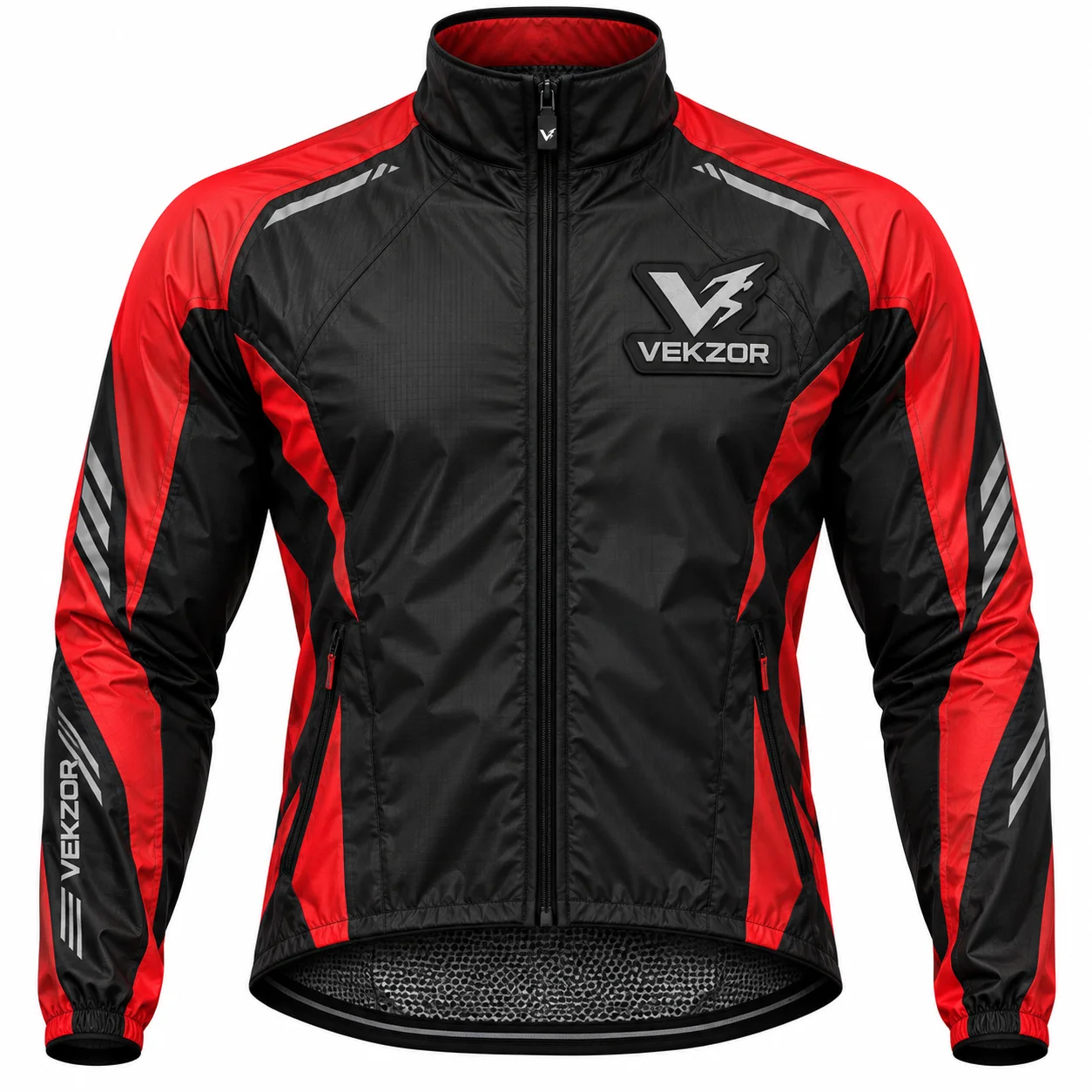 VEKZOR Reflective Cycling Wind Jacket - Front Center View with performance cut and chest crest