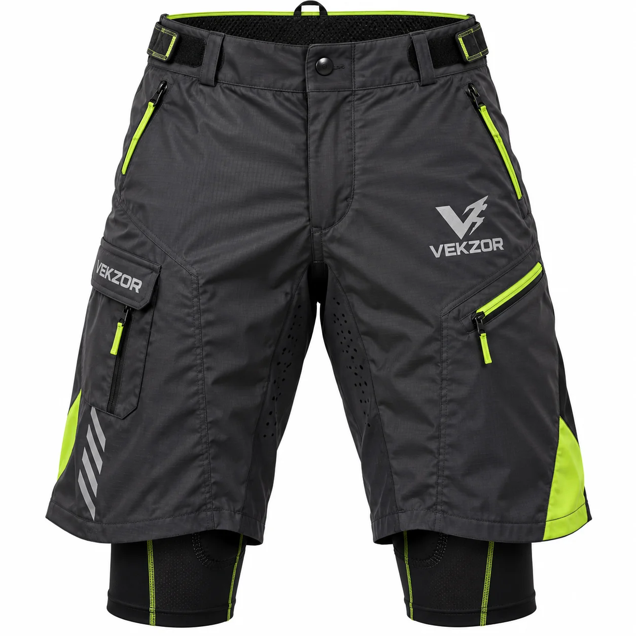 VEKZOR Mountain Bike Baggy Shorts with Liner - Front Center View with performance cut and chest crest