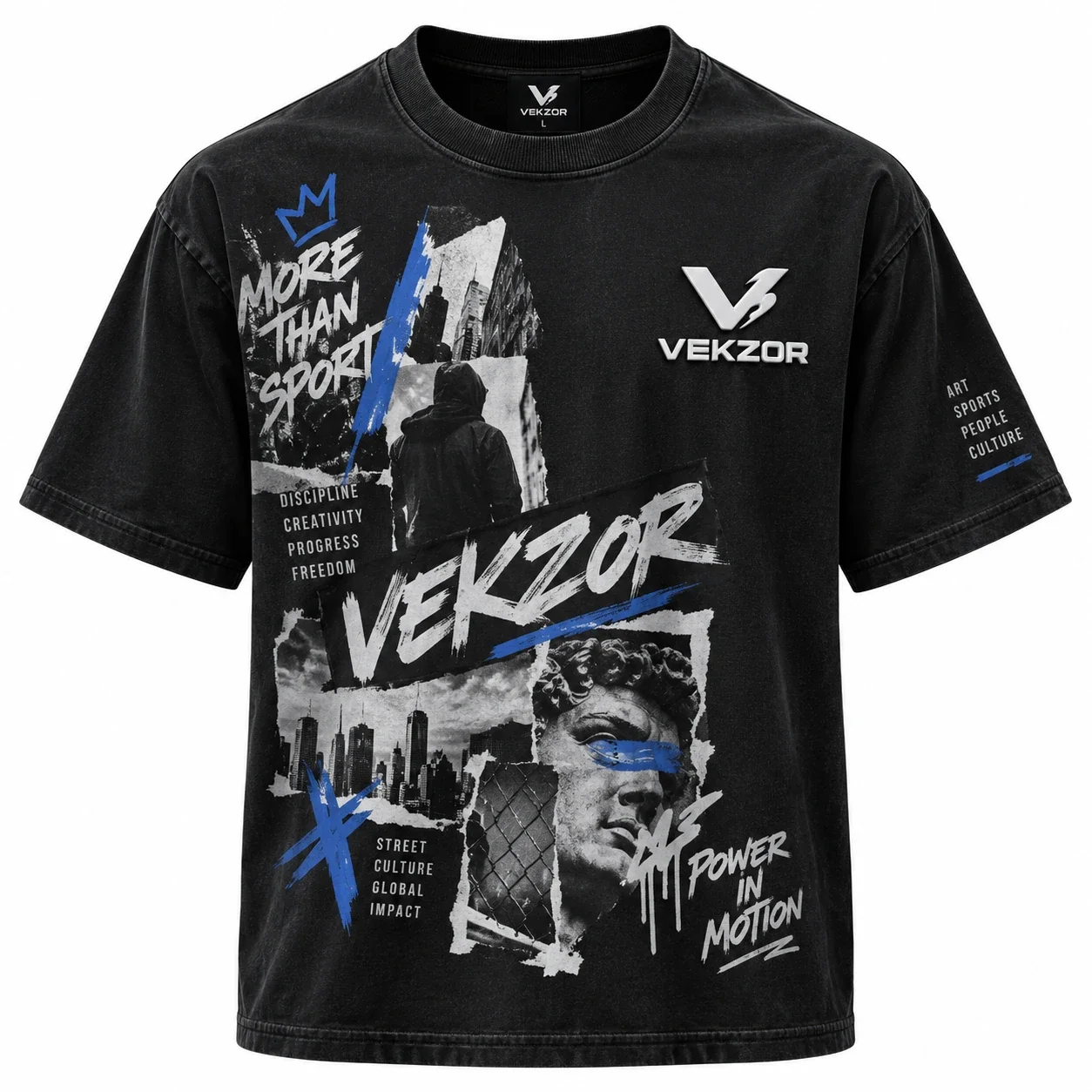 Front product view of VEKZOR Collage Art Tees