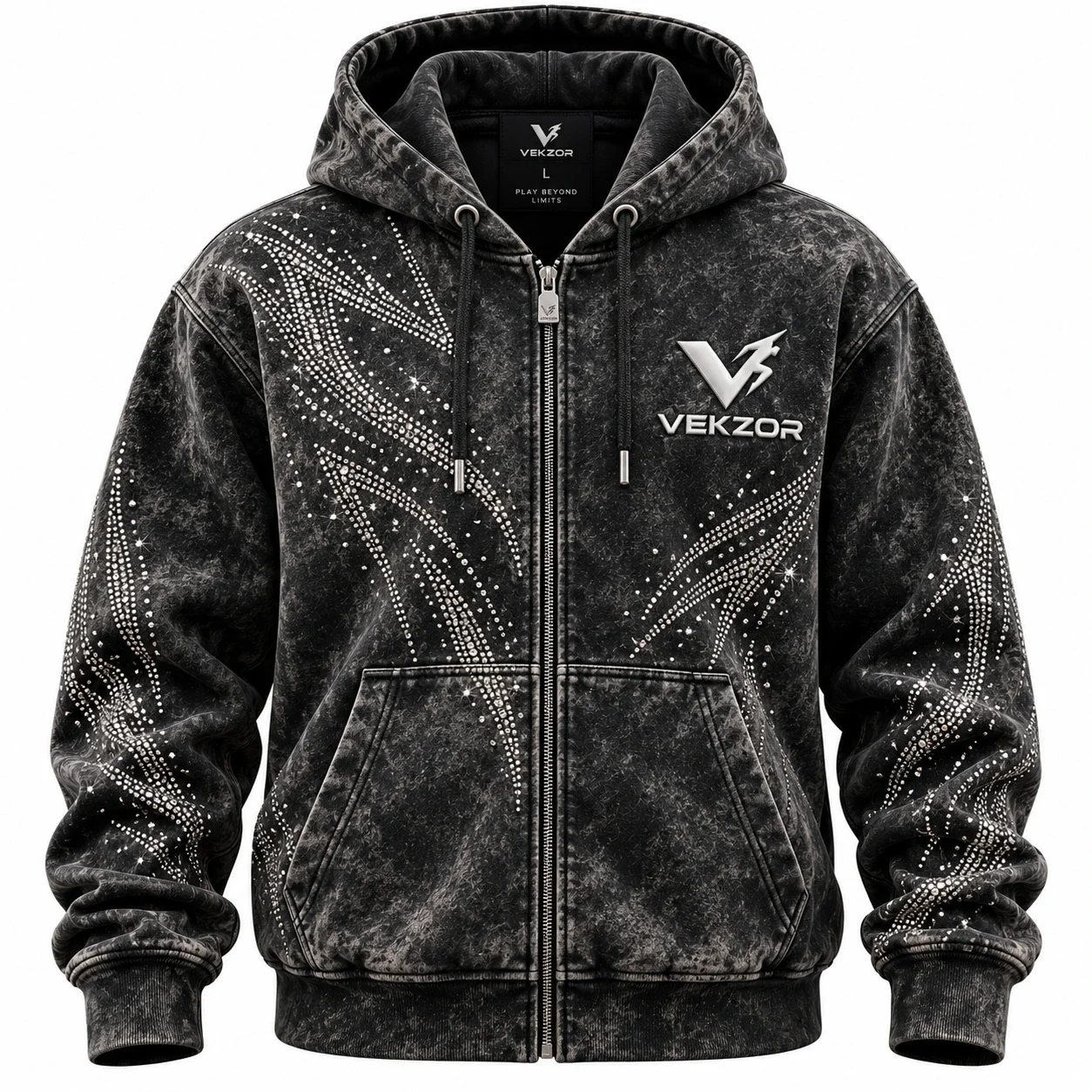 VEKZOR Acid-Wash Full-Zip Rhinestone Hoodie - Front Center View with performance cut and chest crest