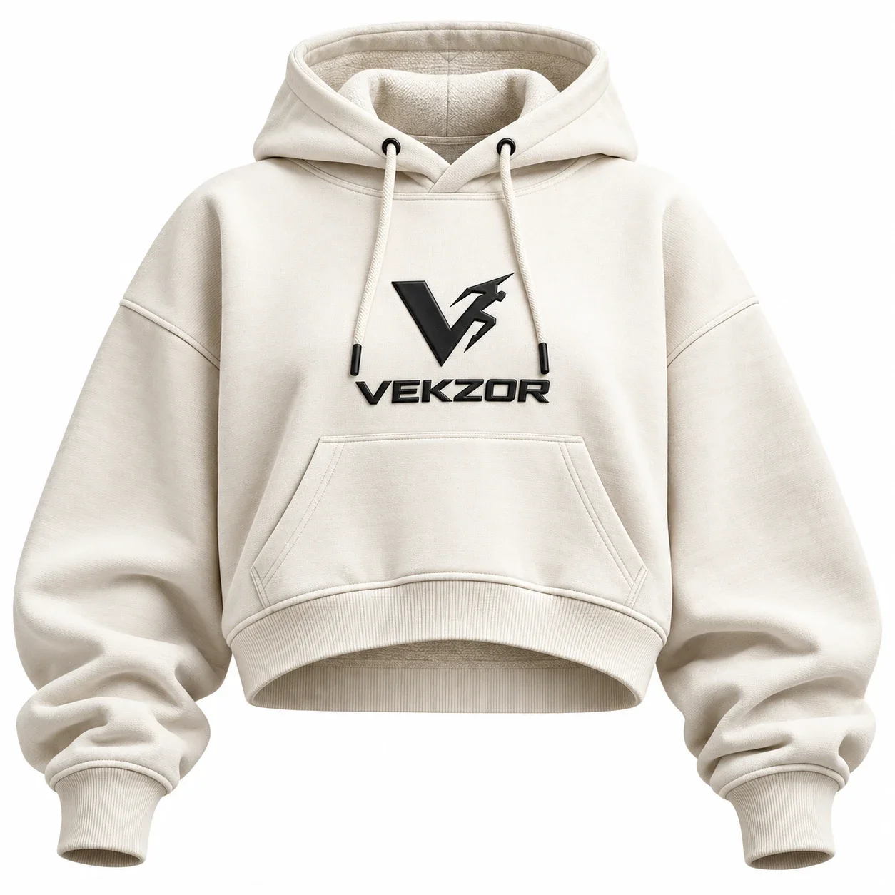 VEKZOR Oversized Streetwear Crop Hoodie - Front Center View with performance cut and chest crest