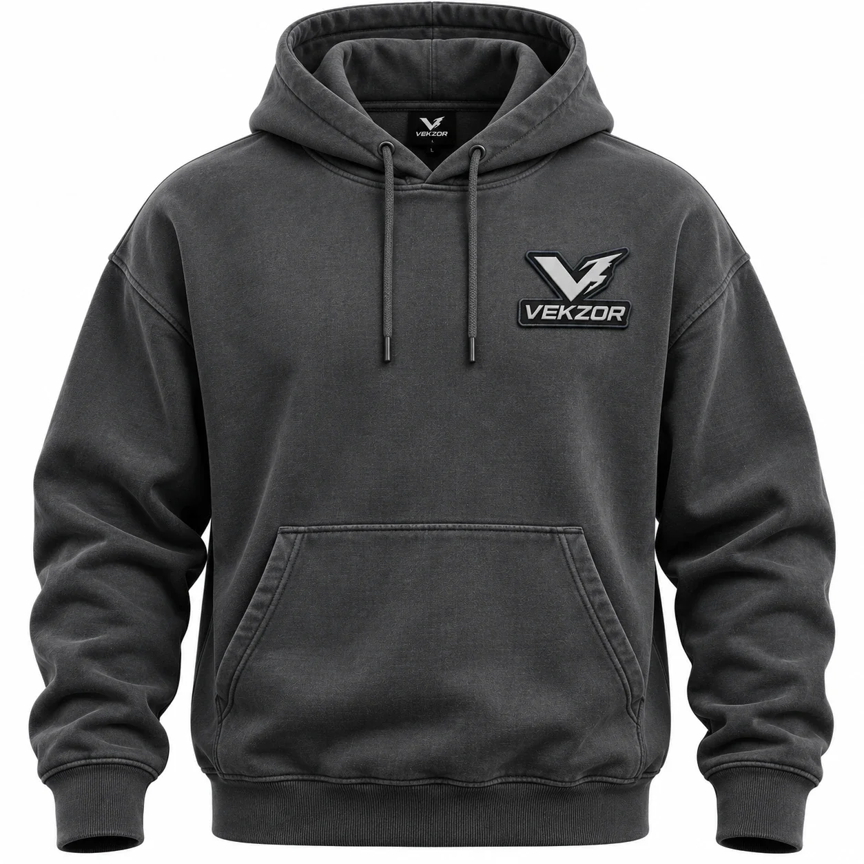 VEKZOR Heavyweight Garment-Dyed Pullover Hoodie - Front Center View with performance cut and chest crest