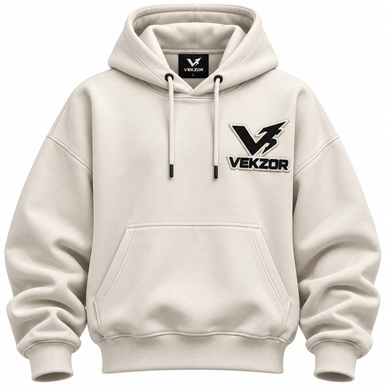 VEKZOR Oversized Boxy Fit Streetwear Hoodie - Front Center View with performance cut and chest crest