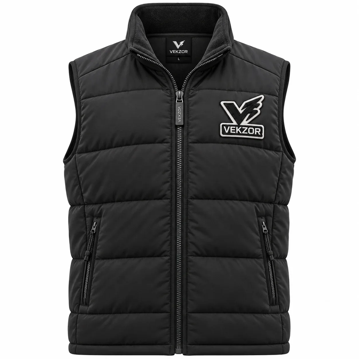 VEKZOR Custom Embroidered Windproof Puffer Vest - Front Center View with performance cut and chest crest