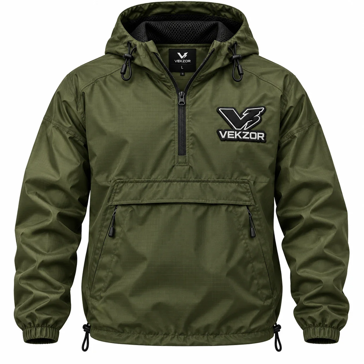 VEKZOR Anorak Quarter-Zip Pullover Windbreaker - Front Center View with performance cut and chest crest