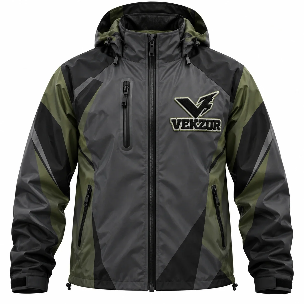 VEKZOR Full-Zip Waterproof Hooded Rain Shell - Front Center View with performance cut and chest crest