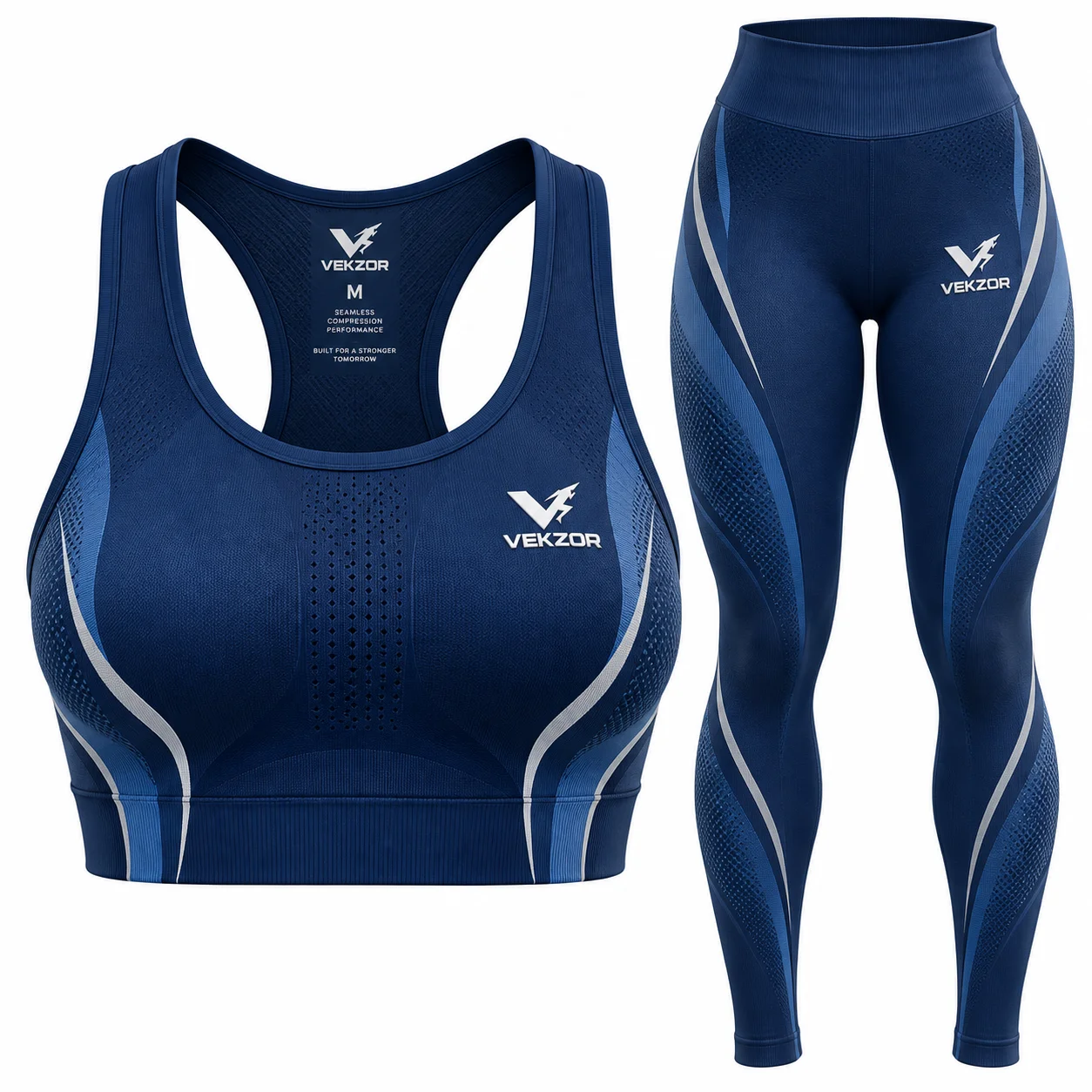 VEKZOR Seamless Compression Crop Top & Leggings Set - Front Center View with performance cut and chest crest