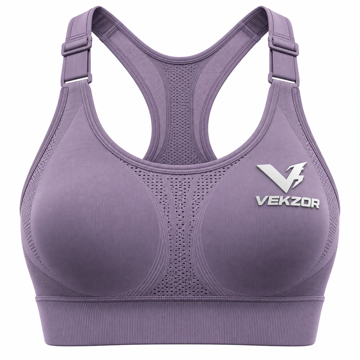 VEKZOR Racerback Padded Sports Bra - Front Center View with performance cut and chest crest