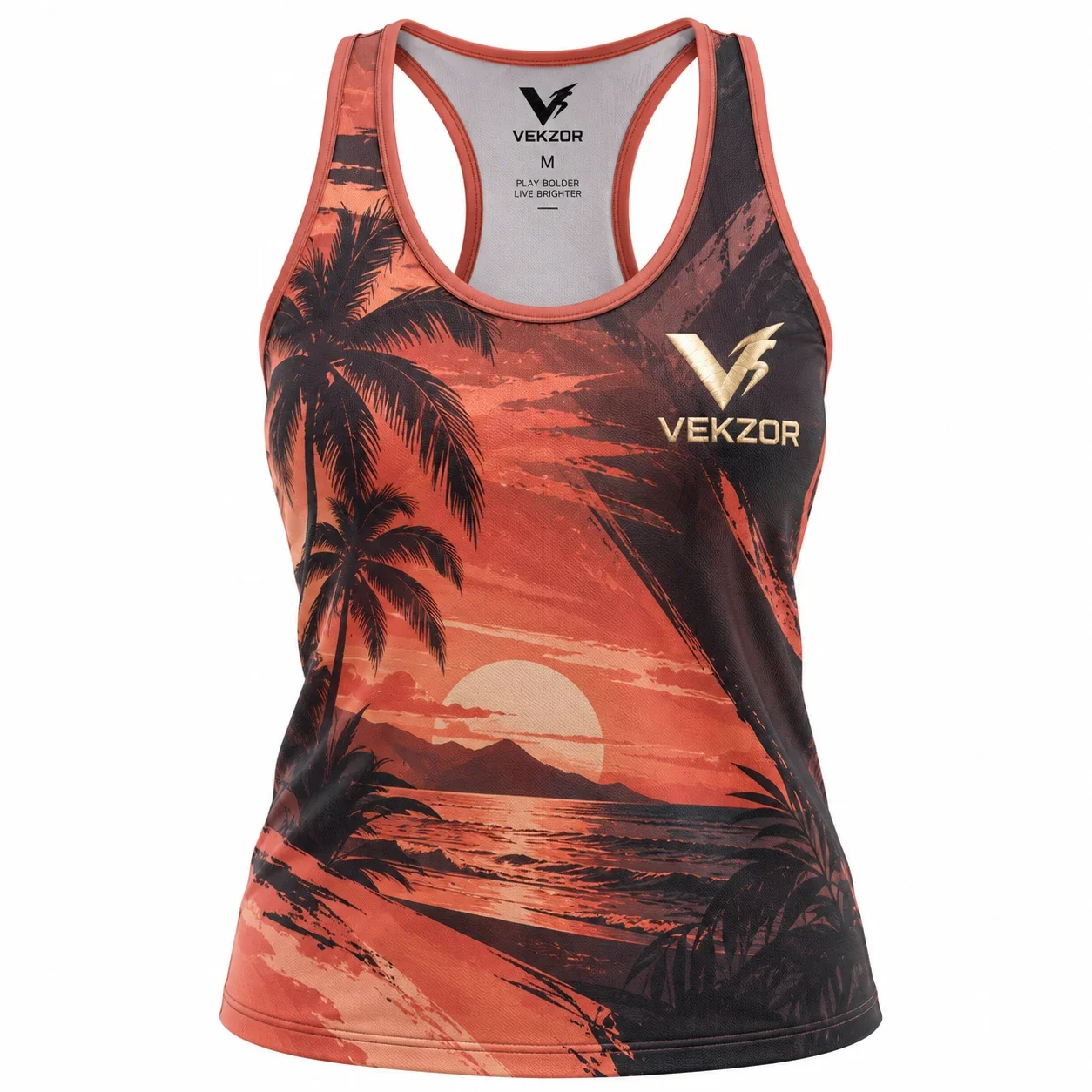 VEKZOR Sublimated All-Over Print Beach Tank Top - Front Center View with performance cut and chest crest
