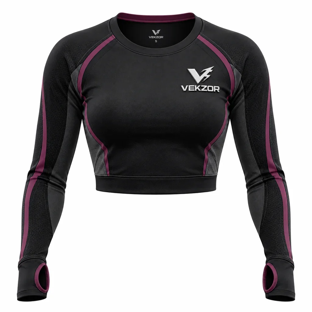 VEKZOR Long-Sleeve Thumbhole Athletic Crop Top - Front Center View with performance cut and chest crest