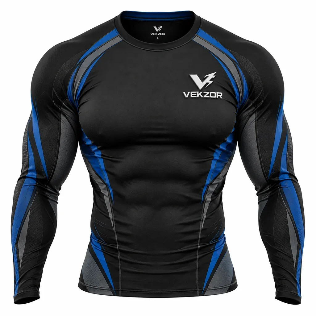 VEKZOR Long-Sleeve Compression Rash Guard - Front Center View with performance cut and chest crest