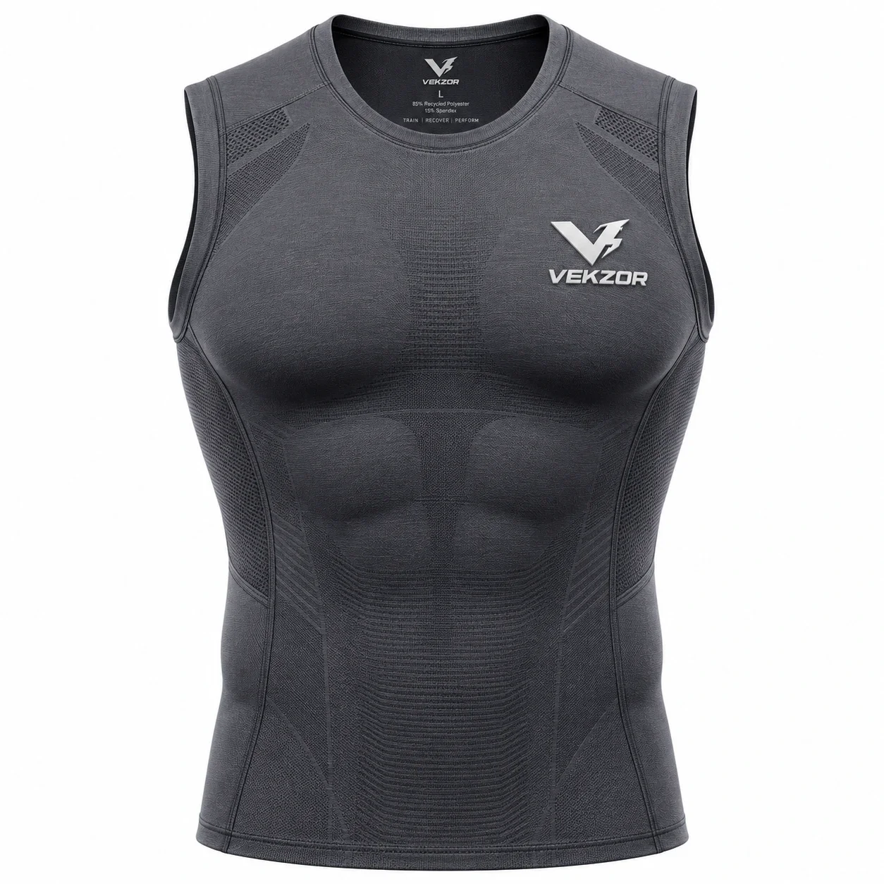 VEKZOR Sleeveless Muscle Recovery Compression Shirt - Front Center View with performance cut and chest crest