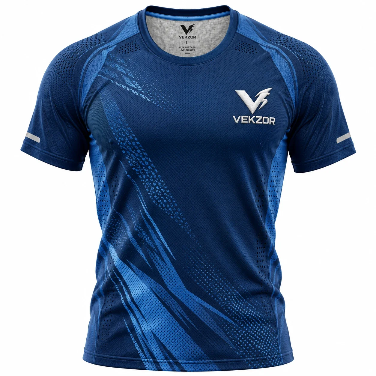 VEKZOR Anti-Bacterial Mesh Running T-Shirt - Front Center View with performance cut and chest crest