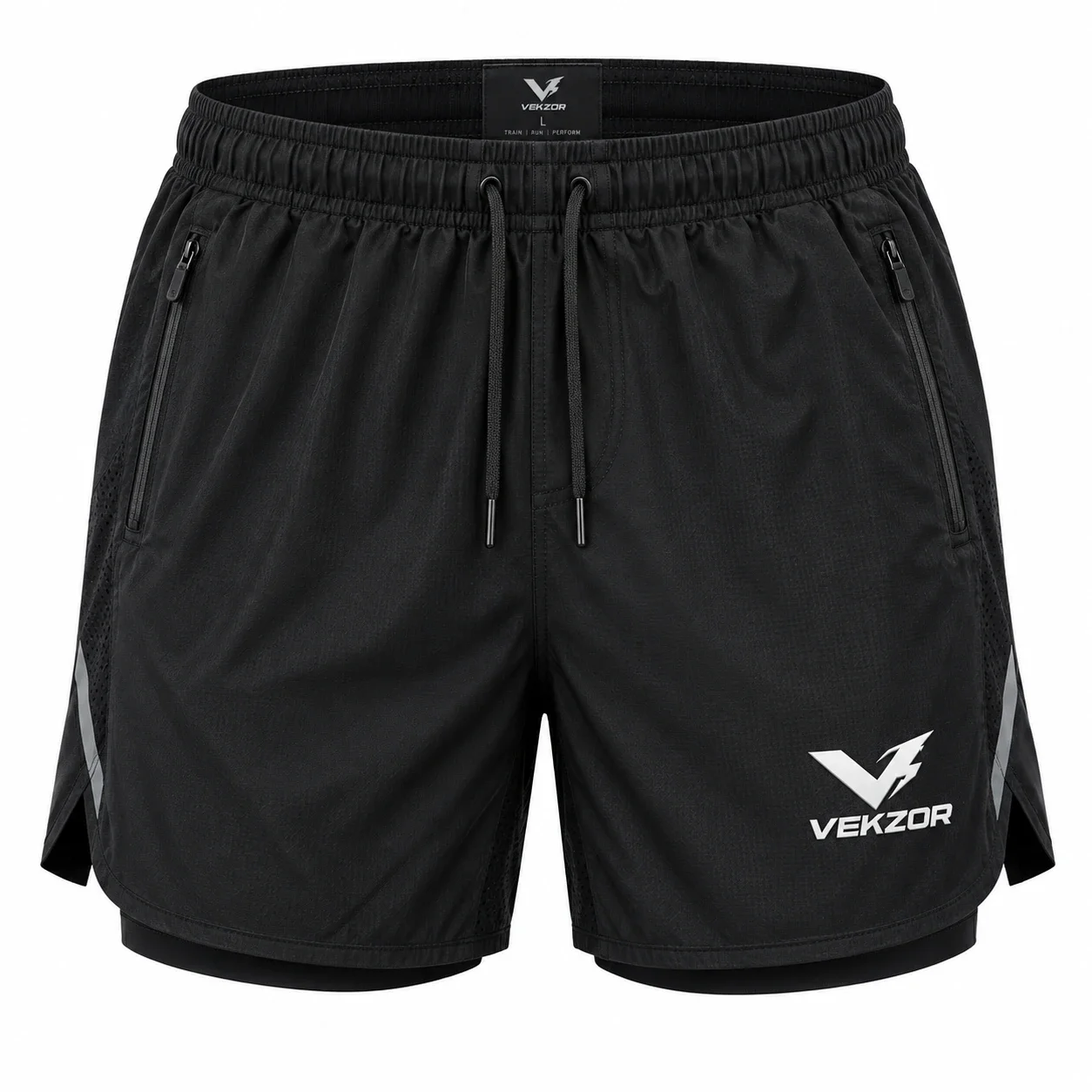 VEKZOR Zipper-Pocket Performance Running Shorts - Front Center View with performance cut and chest crest