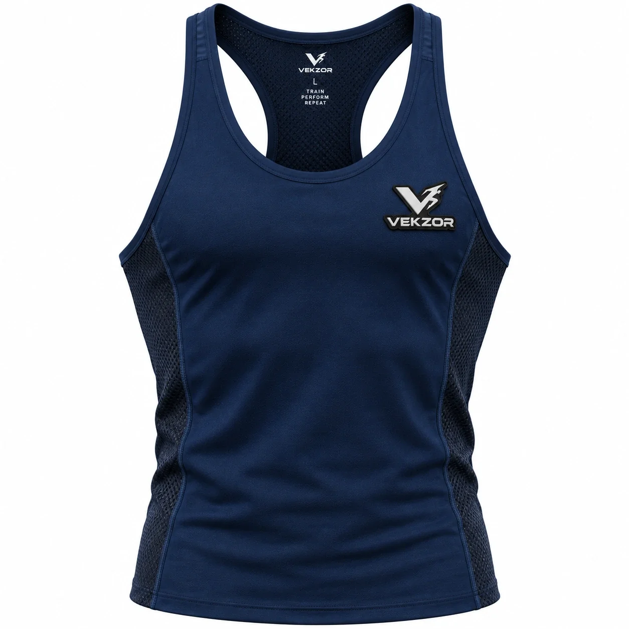 VEKZOR Mesh-Panel Muscle-Fit Stringer Tank - Front Center View with performance cut and chest crest