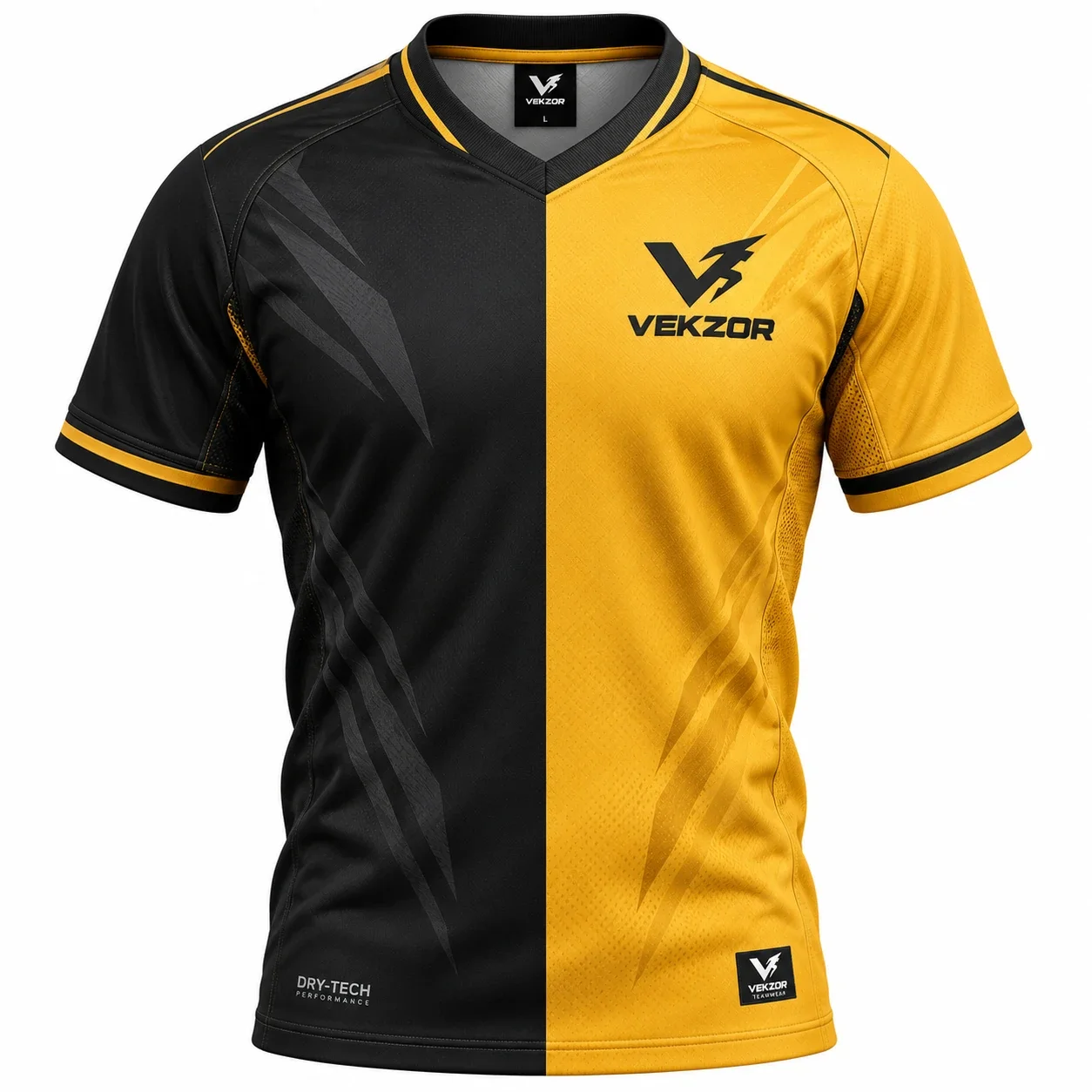 VEKZOR Split-Color Half-and-Half Fan Jersey - Front Center View with performance cut and chest crest