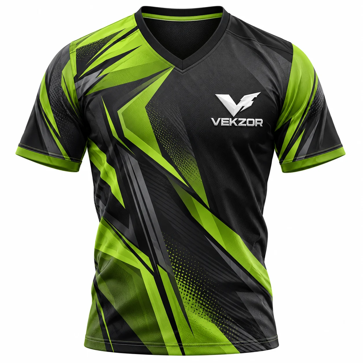 VEKZOR Sublimated V-Neck Athletic Dri-Fit Shirt - Front Center View with performance cut and chest crest