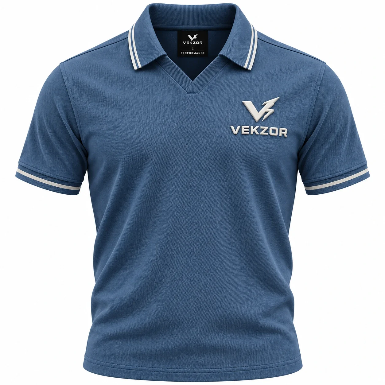 VEKZOR Buttonless V-Neck Performance Polo - Front Center View with performance cut and chest crest