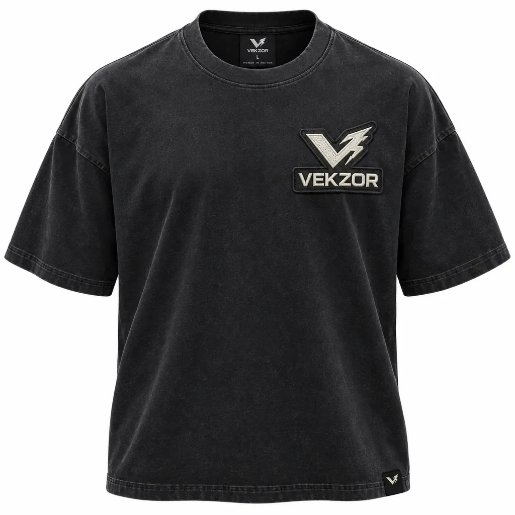 VEKZOR Oversized Graphic Print Boxy Tee - Front Center View with performance cut and chest crest