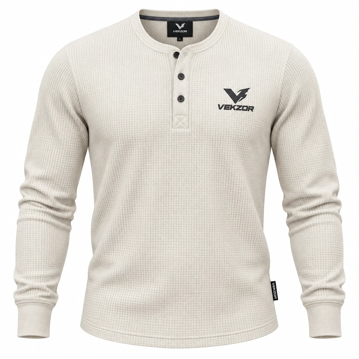VEKZOR Long-Sleeve Waffle Thermal Henley - Front Center View with performance cut and chest crest