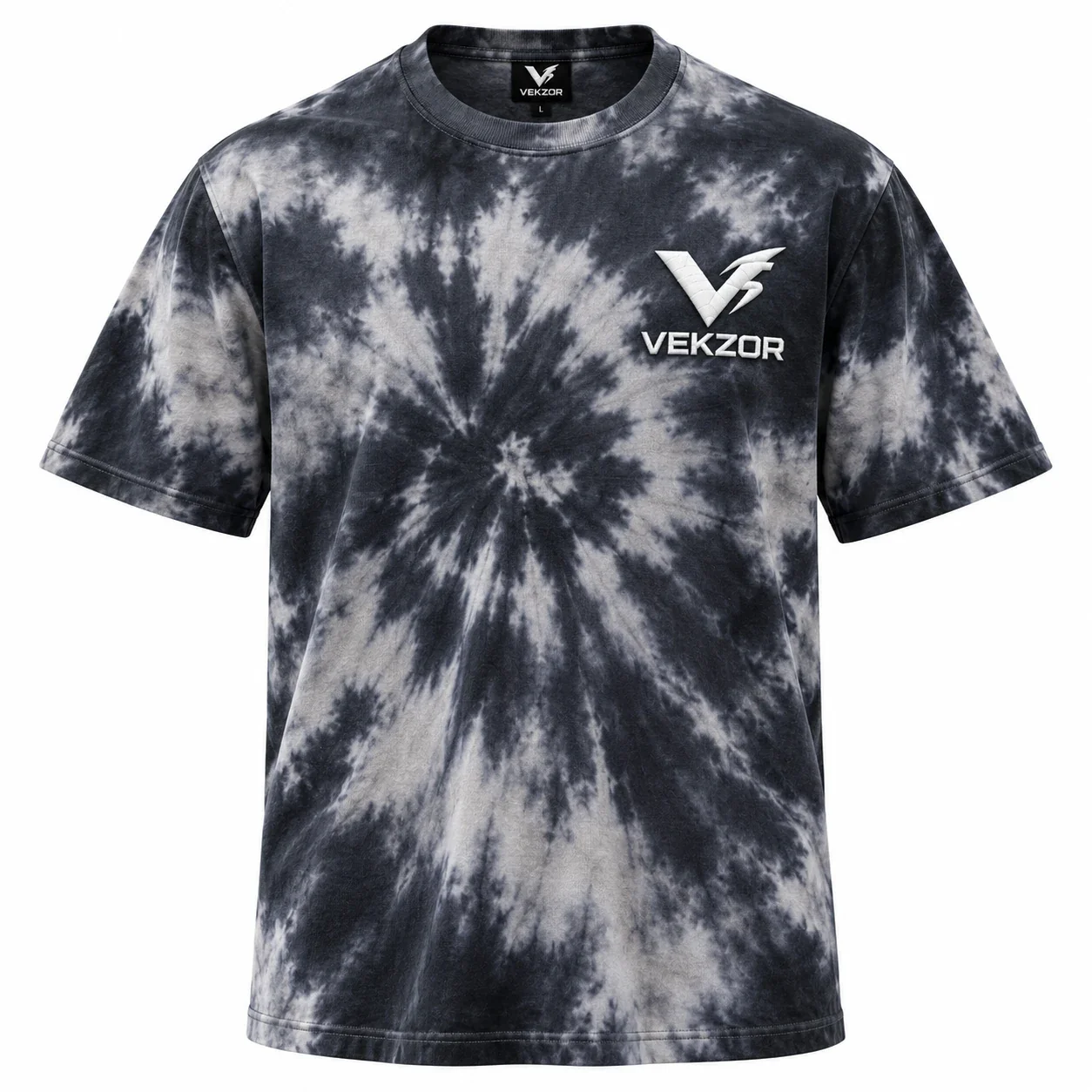 VEKZOR Tie-Dye Sublimated Streetwear Tee - Front Center View with performance cut and chest crest