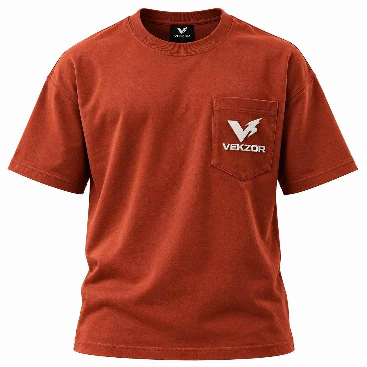 VEKZOR Pocket-Front Heavyweight Cotton Tee - Front Center View with performance cut and chest crest